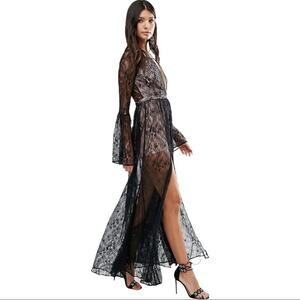 Whyte Eyelash Skirted Maxi Black Lace Sheer Romper Deep V-neck bell sleeves S